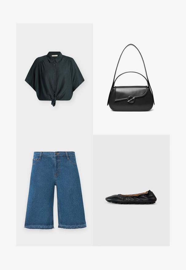 Blouse vert foncé à manches courtes avec boutons, col et nœud noué devant, en tissu texturé, présentée à plat sur fond blanc.; Shorts en denim bleu au genou avec des bords effilochés, bouton avant et poches, sur fond blanc uni.; Ballerines en cuir noir avec des détails froncés au col, bout rond et semelle en caoutchouc flexible. Texture lisse dans l'ensemble.; Sac à bandoulière en cuir noir avec un rabat incurvé fermé par un fermoir métallique rond et une sangle fine et ajustable.