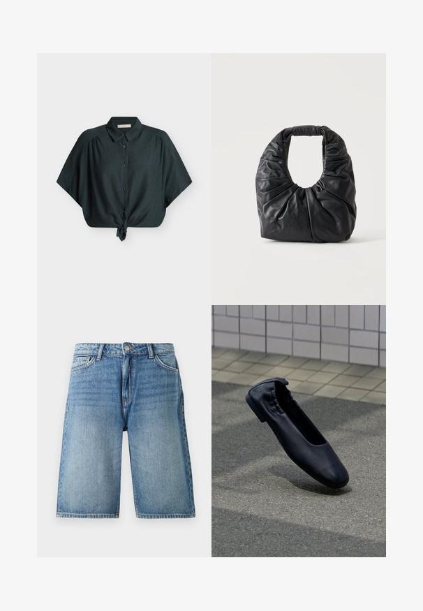 Blouse vert foncé à manches courtes avec boutons, col et nœud noué devant, en tissu texturé, présentée à plat sur fond blanc.; Shorts en denim bleu jusqu'au genou avec bouton frontal et fermeture éclair, passants pour ceinture, et poches latérales, présentés sur fond blanc.; Ballerine en cuir noir avec un dos élastiqué reposant sur un pavement extérieur texturé avec un mur carrelé en arrière-plan.; Sac à épaule en cuir souple noir avec des plis froncés et une poignée arrondie, debout sur un fond clair uni.