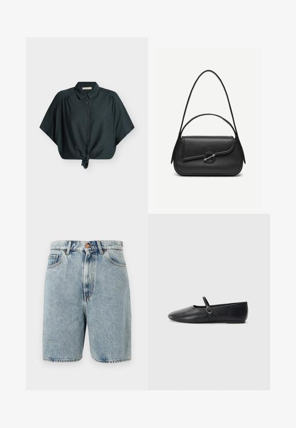Blouse vert foncé à manches courtes avec boutons, col et nœud noué devant, en tissu texturé, présentée à plat sur fond blanc.; Shorts en denim bleu clair avec bouton à l'avant, fermeture éclair, passants pour ceinture, et poches latérales et avant sur fond blanc.; Ballerines noires en cuir avec un bout pointu, une semelle plate et une petite sangle avec un détail de boucle en argent.; Sac à main en cuir noir avec bords arrondis, rabat asymétrique, fermoir circulaire en métal, et des bandoulières courtes et longues.