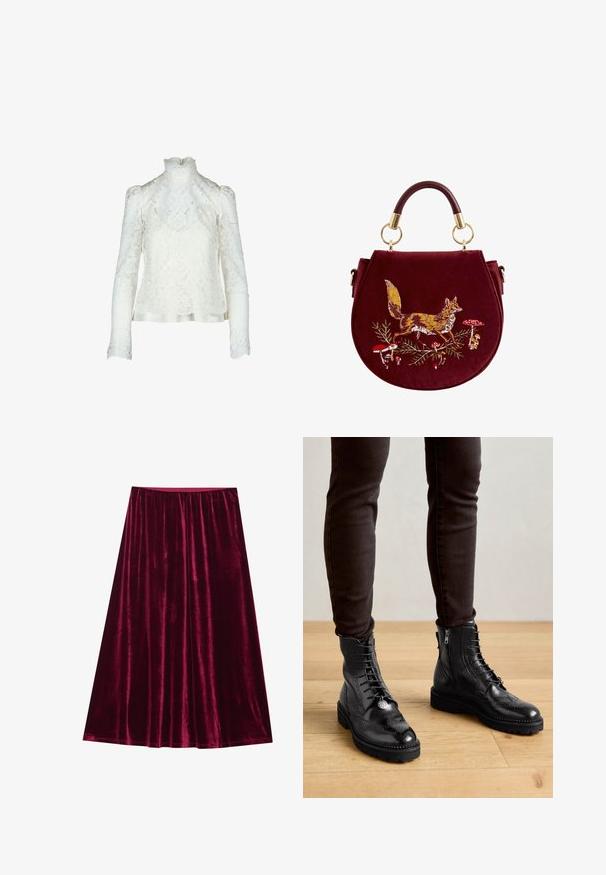 Hvid blondetop med høj krave, oppustede lange ærmer og blomstermønster. Satinbånd langs bunden for ekstra detaljer.; Velvet nederdel i dyb bordeaux, med en glat tekstur, fuld længde design og en elastisk talje for komfort. Ingen synlige lukninger.; Sorte læder ankelstøvler med brogue-detaljer, snørebånd foran, sideskafter og teksturerede gummisåler. Matchet med mørke slim-fit bukser.; Rund burgunderfarvet håndtaske med et buet håndtag, prydet med broderi af en ræv, der går blandt røde og hvide svampe samt grønne planter.