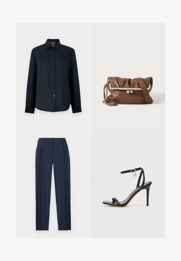 Chemise noire à manches longues avec boutons, col pointu et ourlet légèrement arrondi, présentée sur un fond gris clair uni.; Pantalons sur mesure bleu marine avec plis sur le devant, passants pour ceinture et jambes droites, présentés sur un fond blanc.; Sandale à talon haut noire avec une bride étroite à la cheville, bout carré, cuir lisse et accent de boucle métallique.; Sac à épaule en cuir souple marron avec cadre métallique argenté et fermoir, une sangle réglable et une poignée chaîne tressée sur fond blanc.