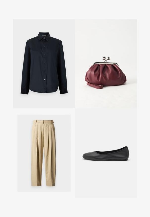 Chemise noire à manches longues avec boutons, col pointu et ourlet légèrement arrondi, présentée sur un fond gris clair uni.; Pantalon beige à taille haute plissé avec passants pour ceinture, fermeture éclair à l'avant et jambes larges et droites sur un fond uni.; Ballerines en cuir noir avec un bout rond, texture lisse, détails de couture minimalistes et design de semelle flexible.; Petit sac pochette en cuir bordeaux avec fermoir métallique argenté et bracelet sur fond blanc.
