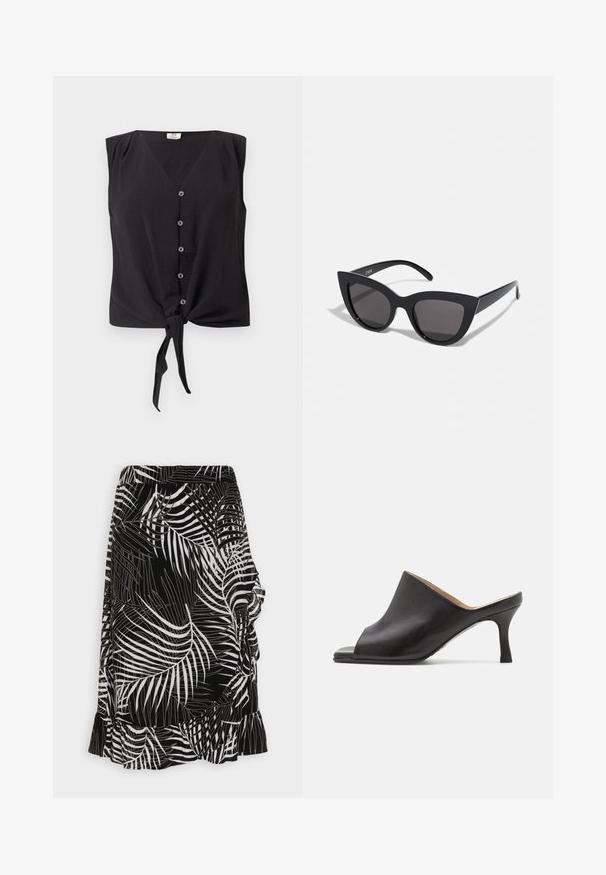 Mouwloze zwarte blouse met knopen, V-hals en een strikknop aan de voorzoom.; ONLY ONLFRIDA WRAP SKIRT - Wikkelrok - black; Selected ASHLEY - Muiltjes met hak - black; Zwarte cat-eye zonnebril met een matte afwerking, voorzien van grijs getinte glazen, scherpe hoeken en slanke zijarmen. Merkennaam zichtbaar op de binnenarm.