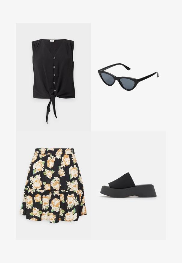 Blusa negra sin mangas con cierre de botones, escote en V y nudo delantero en el dobladillo.; Falda floral con fondo negro, con grandes rosas beige y flores blancas más pequeñas, cinturilla elástica y diseño de volantes en capas.; Call it Spring VENISE B.E.D FOAM - Mules de tacón - black; Gafas de sol negras en forma de ojo de gato con lentes gris oscuro, marco de plástico elegante, esquinas puntiagudas y patillas rectas. Sin herrajes ni acentos visibles.