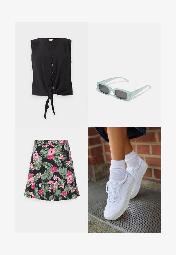 Hihaton must napillinen paita V-kauluksella ja etuosassa solmittava solmu helmassa.; Pieces Petite PCNYA SKIRT - A-linjainen hame - loden frost/palms; Valkoiset kangaskengät kumipohjilla, joissa on kuusi silmukkaa, pyöreä kärki ja vaaleat ompeluseikat, yhdistettyinä valkoisiin nilkkasukkiin.; Pari rektangulaarisia aurinkolaseja, joissa on vaaleansiniset läpinäkyvät kehykset ja tummanharmaat linssit. Aurinkolasit ovat suorat temppeleiltään ja niissä on minimaalinen varusteiden määrä.