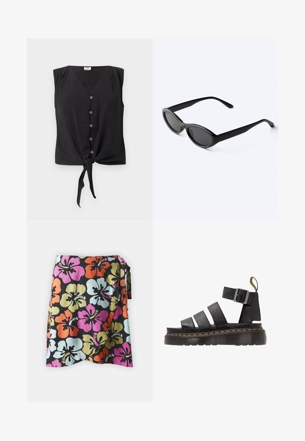 Blusa negra sin mangas con cierre de botones, escote en V y nudo delantero en el dobladillo.; Falda envolvente con fondo negro y grandes flores de hibisco en naranja, rosa, azul claro y verde. Confeccionada en tela ligera.; Sandalia de cuero negro con tres correas anchas, hebilla de metal ajustable, suela gruesa con textura y detalle de costura naranja a lo largo del borde.; Gafas de sol ovaladas negras y elegantes con lentes oscuras y patillas rectas, reposando sobre una superficie blanca.
