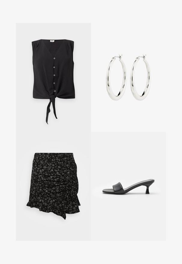 Blusa negra sin mangas con cierre de botones, escote en V y nudo delantero en el dobladillo.; Falda negra con estampado floral, con textura fruncida y dobladillo con volantes, que presenta un material ligero y sutiles detalles plateados en el diseño.; Mules negros con tacón, de parte superior de cuero mate y suave, puntera abierta, banda ancha en el empeine y tacón cuadrado y delgado.; Pendientes de aro de plata con un acabado suave y brillante. Forma circular, con un cierre seguro. Diseño sencillo y elegante.