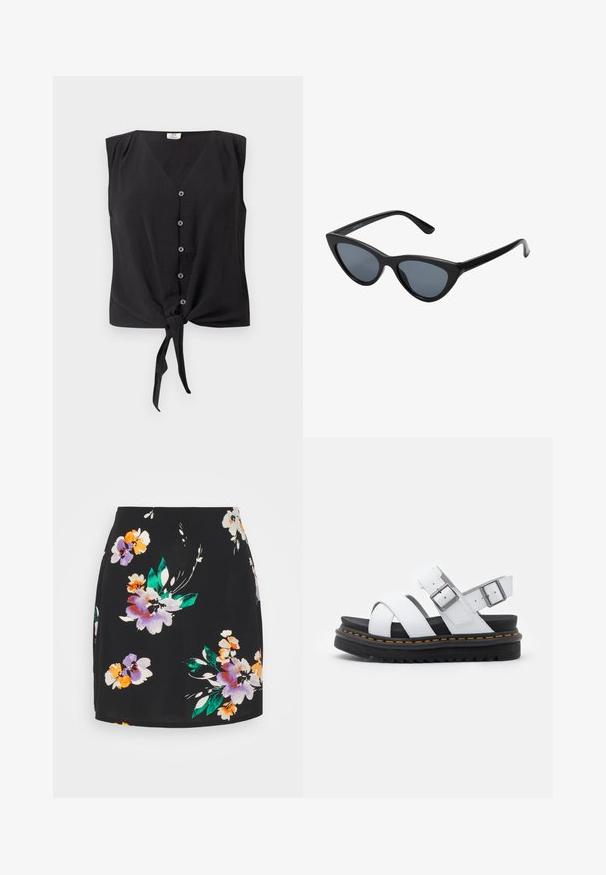 Blusa negra sin mangas con cierre de botones, escote en V y nudo delantero en el dobladillo.; Vero Moda Tall VMSHILAH NAJA - Minifalda - black/penny; Sandalias de cuero blancas con correas ajustables con hebilla, suela de plataforma negra en capas y detalle de costura naranja a lo largo del borde.; Gafas de sol negras en forma de ojo de gato con lentes gris oscuro, marco de plástico elegante, esquinas puntiagudas y patillas rectas. Sin herrajes ni acentos visibles.