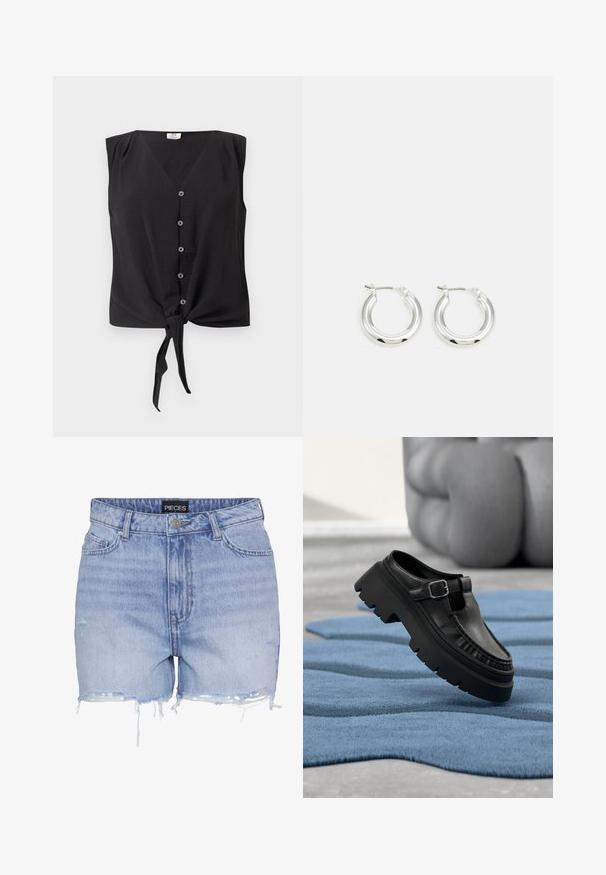 Ærmeløs sort bluse med knapper, V-hals og bindeknop foran ved kanten.; Lyseblå denimshorts med frynset kant, forlommer, bæltestropper, knaplukning og et "PIECES" mærke på linningen.; Sort læderloafer med chunky profil sål og sølvspænde, placeret i en vinkel på et struktureret blåt tæppe.; Sølv hoop-øreringe med en poleret finish, der har en cirkulær form og en hængslet lukning. Glat tekstur med minimal detaljering.