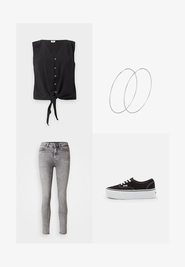 Ærmeløs sort bluse med knapper, V-hals og bindeknop foran ved kanten.; Tynde grå jeans lavet af denim, med knap- og lynlås-lukning, fem-lomme-design og en beskåret kant med frynser.; Sort lærred sneakers med en hvid gummi platform sål, der har hvide snørebånd og syninger, ikonisk branding på siden, lav-top design.; Sølvøreringe med et minimalistisk design. Cirkulær form, glat tekstur og tynd profil. Letvægtige med en poleret overflade.
