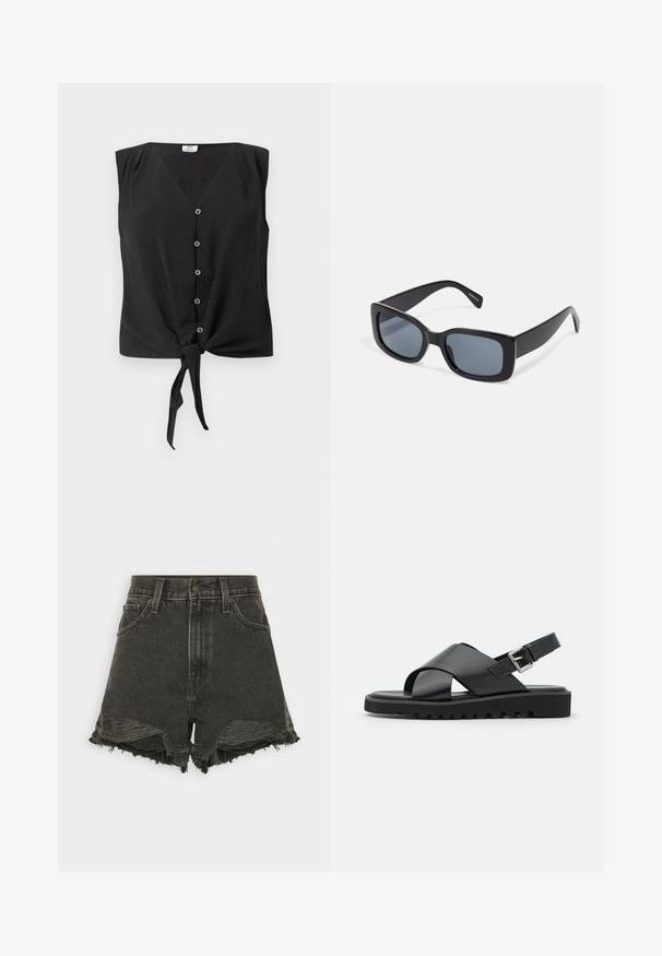 Ærmeløs sort bluse med knapper, V-hals og bindeknop foran ved kanten.; Sorte denimshorts med frynset kant, høj talje, fem lommer og knaplukning. Den slidte tekstur tilføjer visuel interesse.; Sorte lædersandaler med et korsremdesign, justerbar spænde og en tekstureret sål med riller for bedre greb.; Sorte rektangulære solbriller med mørkt tonede linser, tyk plastramme og brede stænger. Glat overflade og kantet design.