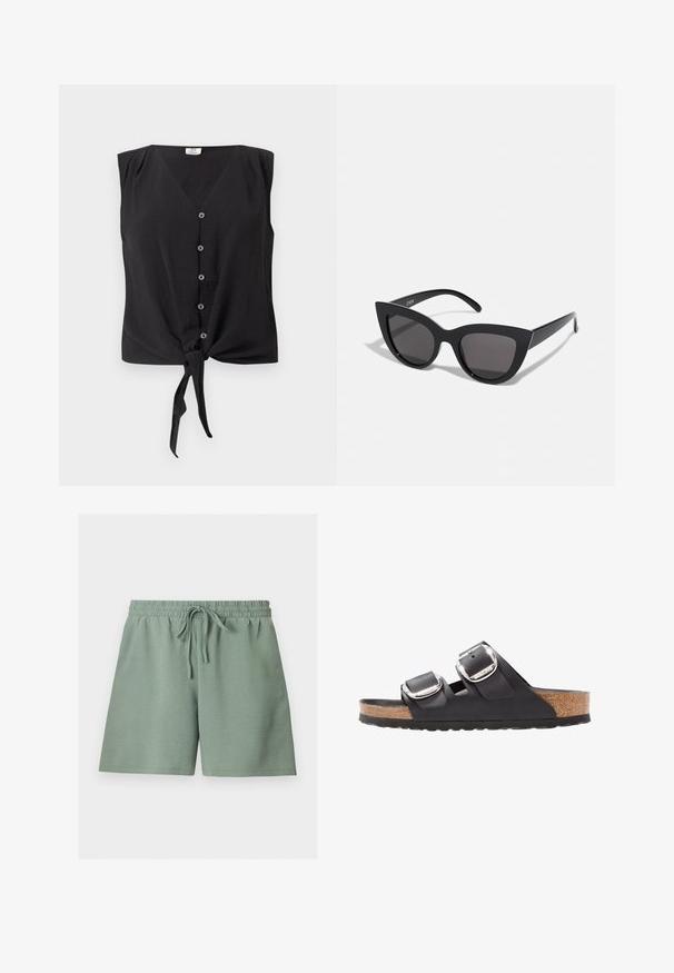 Mouwloze zwarte blouse met knopen, V-hals en een strikknop aan de voorzoom.; Lichtgroene casual shorts met een elastische tailleband en trekkoord, plat weergegeven op een witte achtergrond.; Zwarte sandaal met twee verstelbare banden, zilveren gespen en een kurken voetbed op een gestructureerde zwarte rubberen zool.; Zwarte cat-eye zonnebril met een matte afwerking, voorzien van grijs getinte glazen, scherpe hoeken en slanke zijarmen. Merkennaam zichtbaar op de binnenarm.