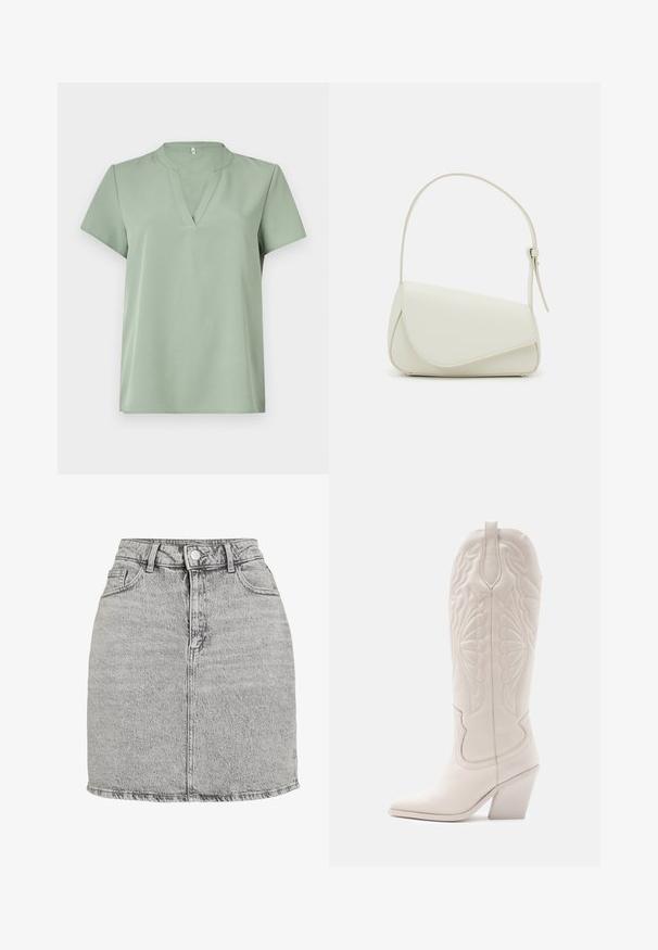 Korte mouwen top in lichtgroen, met een V-hals en een zachte textuur. Eenvoudig ontwerp zonder patronen of accenten.; Grijze denim rok met een hoge taille, sluiting met knopen aan de voorkant en twee zijzakken. Heeft een rafelrand en een subtiele stone-washed textuur.; Witte leren cowboylaars met een spitse neus en een vierkante hak. Heeft ingewikkelde stikpatronen op de schacht en een soepele textuur.; Witte nepleren handtas met een gestructureerde driehoekige vorm, een enkele verstelbare schouderriem en een klep met ronde accenten.