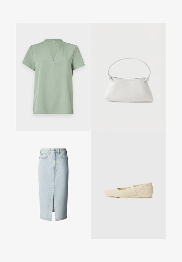 Blusa de manga corta en verde claro, con escote en V y textura suave. Diseño simple sin patrones ni acentos.; Falda midi de mezclilla azul claro con abertura frontal, trabillas para cinturón, cierre de botón y cremallera, y bolsillos delanteros y traseros.; Bailarinas beige con un exterior de cuero liso, punta en forma de almendra y una correa elástica en el empeine, con detalles de costura sutiles.; Bolso de mano de cuero blanco tejido con asa redondeada y extremos de la correa anudados, exhibido sobre un fondo liso.