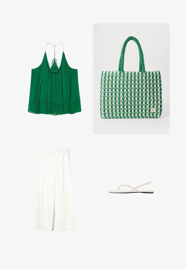 Haut halter vert sans manches avec un ourlet à volants en cascades et de fines bretelles se nouant à l'arrière, fabriqué en tissu léger et fluide.; Pantalon en lin blanc à jambes larges avec taille élastique et cordon de serrage, doté de poches latérales et d'une fente à l'avant.; Sandale plate blanche avec fines lanières croisées et une bride arrière, vue de côté sur fond blanc.; Sac fourre-tout tissé vert et blanc avec une forme rectangulaire structurée, une finition texturée et deux poignées solides. Présente une étiquette de logo sur le côté.