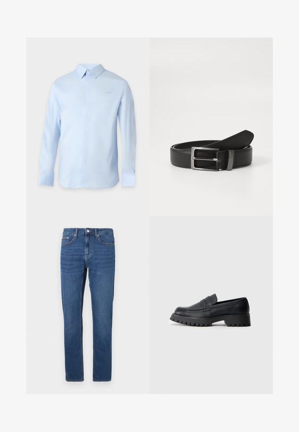 Chemise bleu clair à manches longues, boutonnée, col et logo discret sur la poitrine gauche, présentée sur un fond uni.; Jean denim bleu à coupe droite, design à cinq poches, avec des coutures apparentes le long de la ceinture et de l'ourlet, équipé d'une fermeture classique par bouton.; Mocassins en cuir noir avec un bout arrondi, présentant une sangle décorative et une semelle en caoutchouc épaisse avec de profonds crampons pour une meilleure adhérence.; Ceinture en cuir noir avec une boucle en métal argenté, présentant une finition lisse et un design classique. La ceinture est soigneusement pliée.