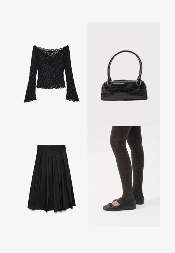Sort blondelæder bluse med off-the-shoulder halsudskæring, lange klokkeærmer og kante i bølger. Tekstureret blomstermønster over hele blusen.; Sort plisseret midinederdel med høj talje, udvidet silhuet og blød stofstruktur.; Ben iført mørke ribbede leggings kombineret med sorte balletsko med små sløjfedetaljer på hvid baggrund.; Sort krokodilleder-embossed taske med rektangulær form, kort rullet håndtag og lynlåslukning. Glat tekstur med blank finish.