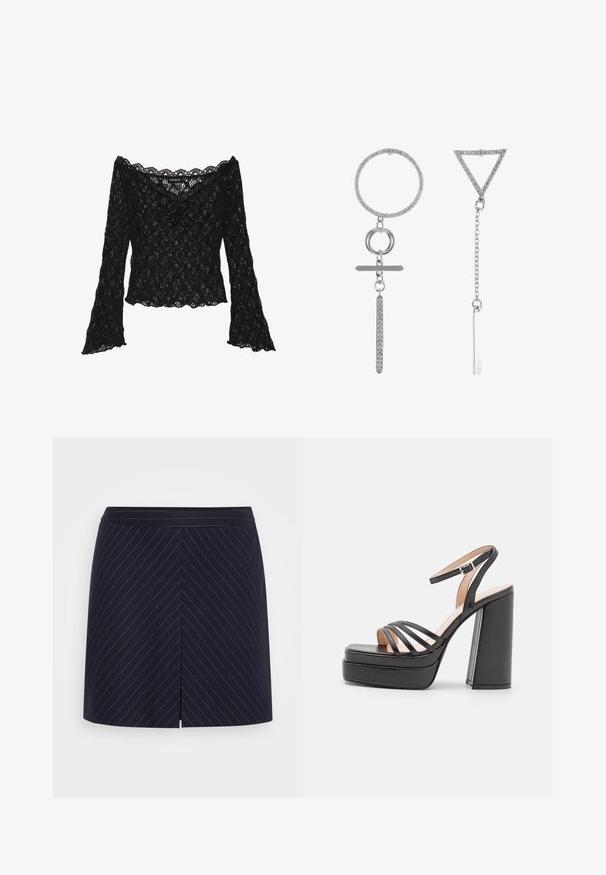 Sort blondelæder bluse med off-the-shoulder halsudskæring, lange klokkeærmer og kante i bølger. Tekstureret blomstermønster over hele blusen.; ONLY ONLSAVITA PINSTRIPE SHORT SKIRT - A-snit nederdel - night sky; RAID KYLAH - Højhælede sandaletter / Højhælede sandaler - black; Sølvøreringe med geometriske designs: en cirkulær ring med rhinsten, kæder sammenkædet og en trekant med en stangvedhæng.