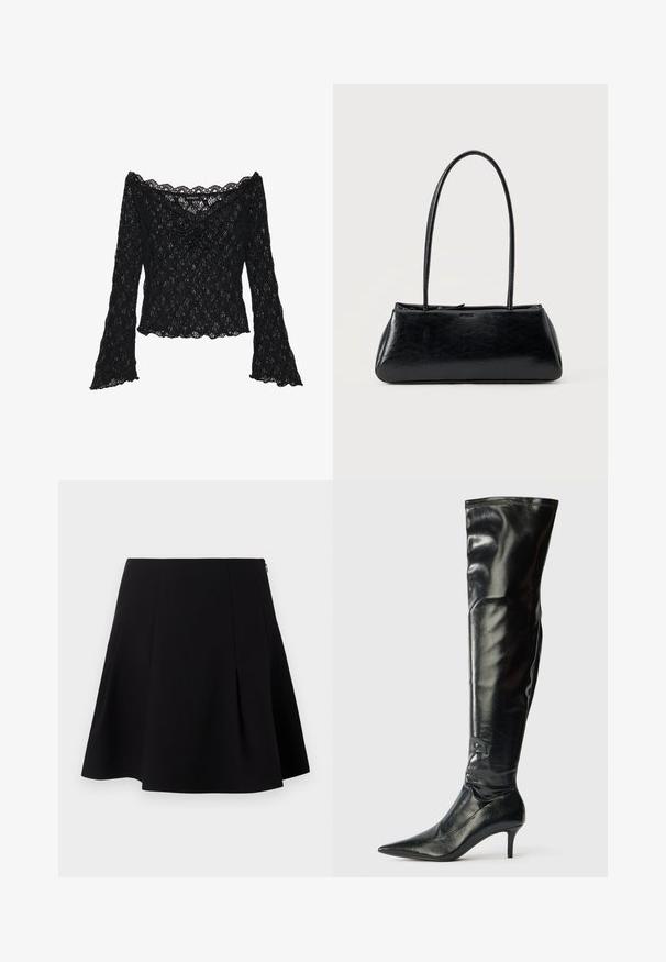 Top de encaje negro con escote off-the-shoulder, mangas largas de campana y bordes ondulados. Patrón floral texturizado en toda la prenda.; Falda negra acampanada con pliegues en la parte delantera, una textura suave y un cierre de cremallera oculto en la parte trasera.; Botas de cuero negro hasta la rodilla con un acabado brillante, punta afilada y un tacón de aguja delgado. Presentan una parte superior ajustada con detalles de costura.; Bolso de hombro rectangular negro con correas largas y delgadas y una textura lisa y brillante sobre un fondo liso.