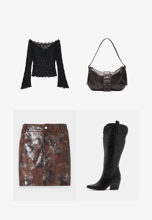 Sort blondelæder bluse med off-the-shoulder halsudskæring, lange klokkeærmer og kante i bølger. Tekstureret blomstermønster over hele blusen.; Brun og sort mini-nederdel med metalisk effekt, foranlommer, bæltestropper og en sølvfarvet knaplukning i taljen.; Sorte knæhøje støvler i læder med spids snude og lagdelt hæl. Har dekorative syninger og buede designelementer.; Brun læder skuldertaske med en buet form, der har et fremtrædende spænde, kontrasterende syninger og en enkelt skulderrem.