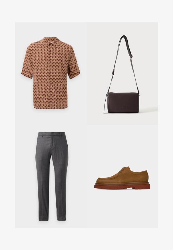 Kortærmet skjorte i bordeaux med et detaljeret kridhvidt geometrisk mønster. Krave-design med knapper langs forsiden til lukning.; Grå uldbukser med glat front, slim fit, subtil tekstur og et klassisk design. Har sidelommer og lynlås.; Herresko i brunt ruskind med snørebånd, tyk rød gummisål og mokkasinsyede detaljer, vist i profil.; Mørkebrun textured læder crossbody taske med justerbar rem og lille dekorativ blå accent på siden.
