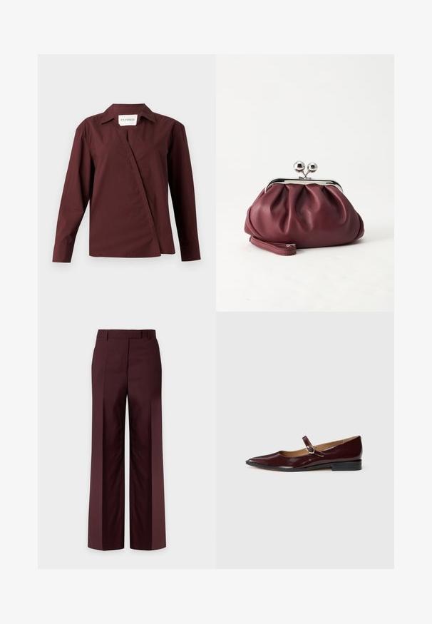 CLOSED ASYMMETRIC SHIRT - Chemisier - dark raisin red; Pantalon large marron foncé, sur mesure, avec passants de ceinture et plis devant, présenté sur un fond clair uni.; Ballerines en cuir verni bordeaux de type Mary Jane avec un bout pointu, un talon plat et une sangle décorative avec une boucle circulaire.; Petit sac pochette en cuir bordeaux avec fermoir métallique argenté et bracelet sur fond blanc.