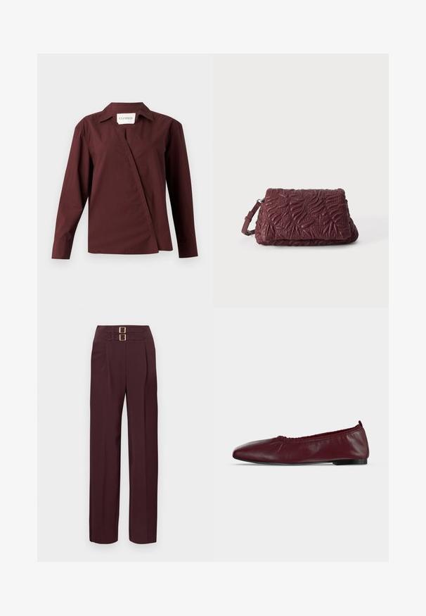 CLOSED ASYMMETRIC SHIRT - Chemisier - dark raisin red; Pantalon taille haute de couleur bordeaux foncé avec deux sangles à boucle dorée en haut et une coupe droite.; Ballerine plate en cuir bordeaux avec bord supérieur élastique froncé et fine semelle noire sur fond blanc.; Pochette en cuir texturé rouge foncé avec motifs de feuilles embossés et une bandoulière réglable sur un fond clair uni.