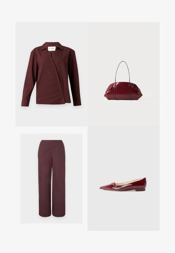 CLOSED ASYMMETRIC SHIRT - Chemisier - dark raisin red; Pantalon marron taille haute à jambes larges avec un devant lisse et des poches latérales, présenté sur un fond clair uni.; Ballerines en cuir verni bordeaux avec un bout pointu, présentant un petit détail découpé et un petit talon. Texture lisse et design épuré.; Sac à main en cuir texturé rouge profond avec une longue sangle fine, un dessus incurvé et des extrémités arrondies sur un fond clair uni.