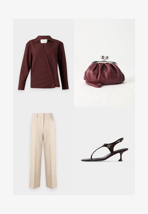 CLOSED ASYMMETRIC SHIRT - Chemisier - dark raisin red; Pantalon beige taille haute, coupe ajustée, avec passants de ceinture et jambes droites, présenté sur un fond blanc uni.; Sandale slingback en cuir verni marron foncé avec petit talon et bride entre les orteils sur fond blanc.; Petit sac pochette en cuir bordeaux avec fermoir métallique argenté et bracelet sur fond blanc.