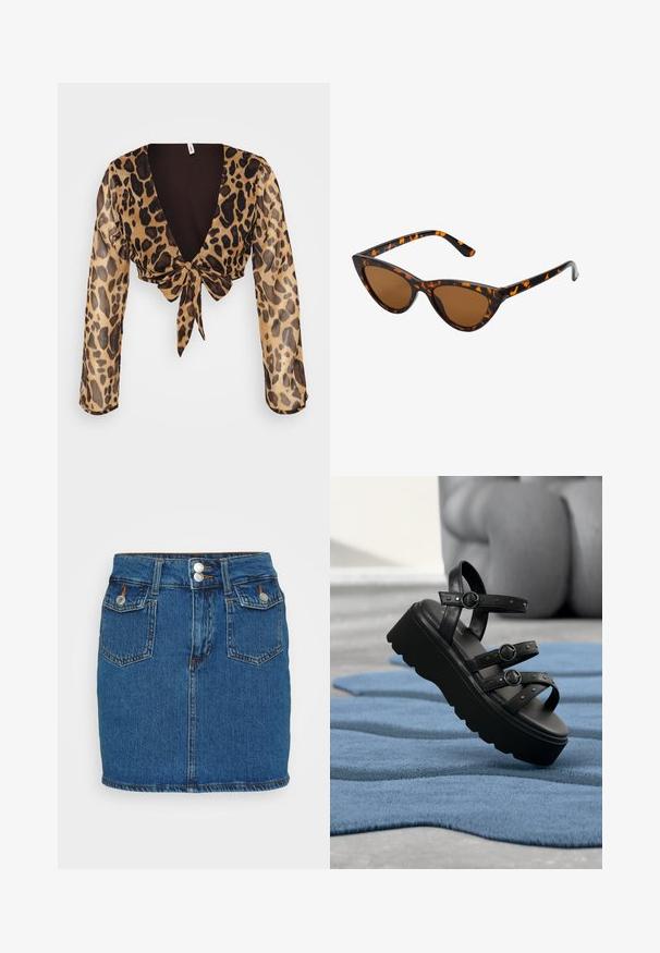Top cropped de estampado de leopardo en tejido ligero y transparente. Con mangas largas, escote en V profundo y un frente atado. Esquema de colores marrón y beige.; Mini falda de mezclilla, de color azul oscuro, con una cintura alta que incluye dos botones en la parte delantera, diseño de cinco bolsillos y costuras en contraste a lo largo del dobladillo.; Sandalia de plataforma negra con tres correas ajustables con hebillas, colocada sobre una alfombra azul texturizada con fondo desenfocado.; Gafas de sol estilo ojo de gato con montura de carey negra y naranja, lentes marrones y puntas elegantes y afiladas. Presenta un logo minimalista en la patilla.