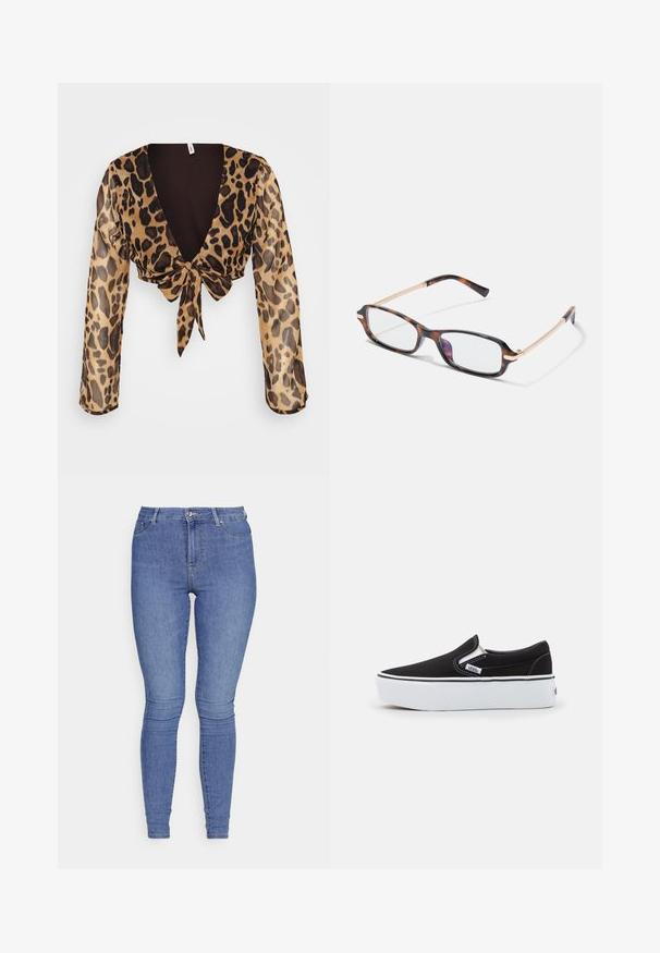Dámsky cropped top s leopardím vzorom z ľahkej priesvitnej látky. Má dlhé rukávy, hlboký výstrih do V a viazanie vpredu. Hnedo-tanová farebná paleta.; Modré džínsové skinny nohavice s vysokým pásom, so zapínaním na predný gombík, dvoma zadnými vreckami a švíkmi po stranách pre detail.; Čierne plátenné slip-on topánky s bielou gumovou podrážkou, so štýlovými elastickými postrannými akcentmi a kontrastným prešívaním. Logo značky viditeľné na boku.; Obdĺžnikové okuliare s plastovým rámom v štýle korytnačky, zlatými kovovými akcentmi a priehľadnými šošovkami. Elegantné nožičky s jemným zakrivením.