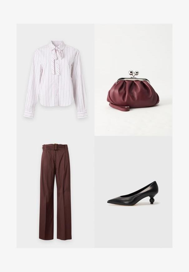 Chemise à manches longues blanche avec des rayures verticales roses, dotée d'un col cravaté, d'une fermeture à boutons et d'une coupe structurée.; Pantalon marron taille haute à jambes larges, devant plissé et ceinture assortie avec boucle rectangulaire en écaille.; Chaussure à talon haut en cuir noir avec un bout pointu et un talon arrondi. Texture lisse avec un design épuré et minimal.; Petit sac pochette en cuir bordeaux avec fermoir métallique argenté et bracelet sur fond blanc.