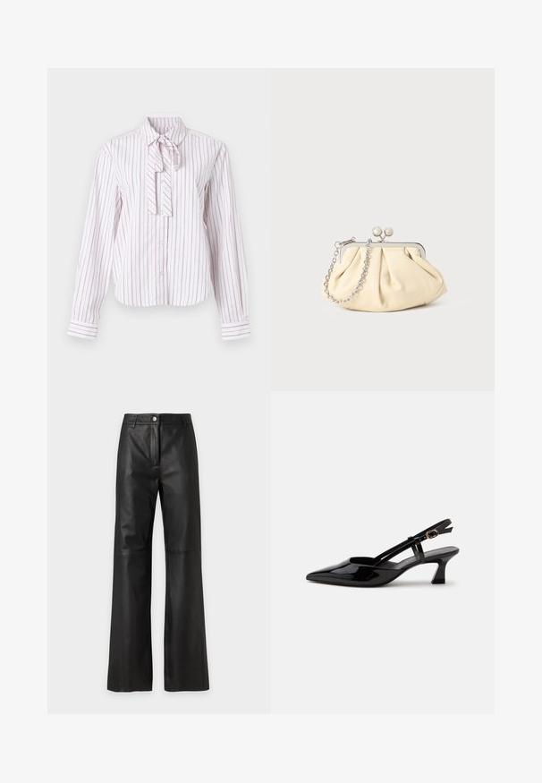 Chemise à manches longues blanche avec des rayures verticales roses, dotée d'un col cravaté, d'une fermeture à boutons et d'une coupe structurée.; Pantalon noir taille haute en simili cuir avec jambes larges, fermeture bouton et zip, et passants pour ceinture sur un fond clair uni.; Chaussure slingback en cuir verni noir à petit talon, bout pointu et bride réglable avec boucle dorée sur fond blanc.; Pochette en cuir beige plissé avec un cadre en métal argenté, dotée de deux fermoirs ronds décoratifs et d'une chaîne en argent.