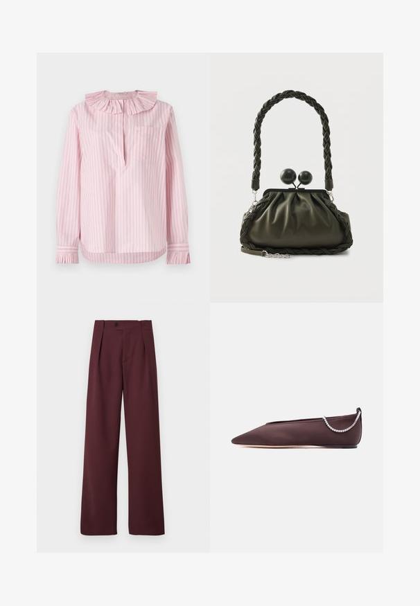 Chemise rayée rose clair avec un col et des poignets volants, une poche unique sur le côté gauche, fabriquée en coton doux.; CLOSED MAWSON - Pantalon classique - dark raisin red; Chaussure plate marron foncé à bout pointu avec un petit talon et un détail chaîne en strass argentée à l'arrière.; Sac à main en cuir vert olive avec poignée tressée et ferrures argentées, présentant un design froncé et des détails de fermoirs ronds sur le dessus.