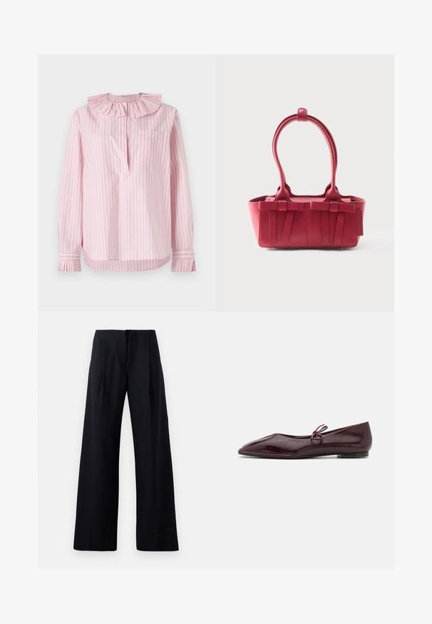 Chemise rayée rose clair avec un col et des poignets volants, une poche unique sur le côté gauche, fabriquée en coton doux.; Pantalon noir à rayures fines avec une coupe évasée, présentant des plis marqués et une finition soignée. Fabriqué à partir d'un tissu lisse et léger.; Ballerines en cuir verni bordeaux avec un bout pointu et un nœud décoratif violet sur le cou-de-pied ; design à semelle plate.; Sac à main en cuir rouge avec deux poignées supérieures, nœuds décoratifs à l'avant et une étiquette sur le côté, sur fond blanc.
