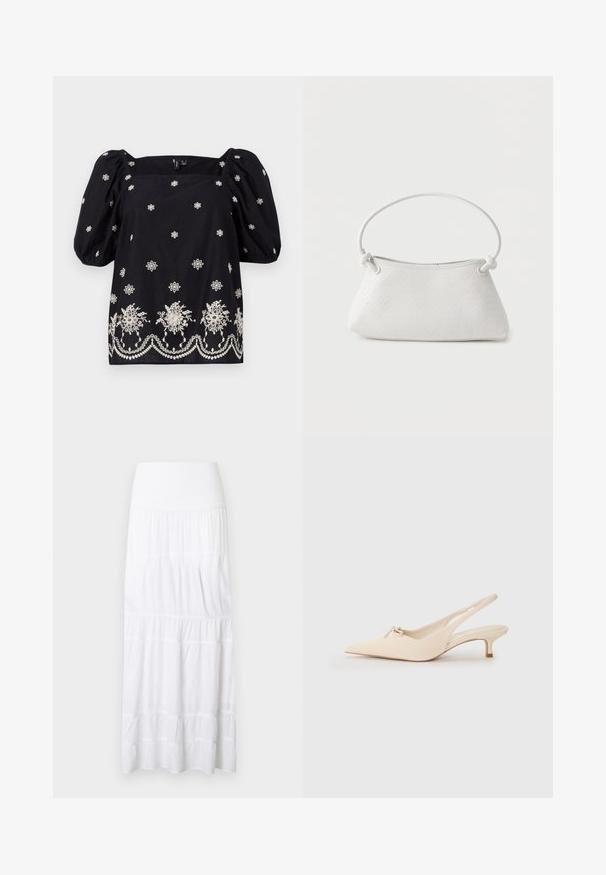 Blusa negra de corte holgado con mangas abullonadas. Presenta bordados florales blancos y un ribete decorativo en la parte inferior. Escote cuadrado.; Falda larga blanca de volantes hecha de tela ligera. Cuenta con una cinturilla elástica y una textura sutil con costuras horizontales.; Zapatos slingback de punta fina en cuero blanco roto, con un pequeño detalle de lazo y un tacón kitten bajo. Textura suave, diseño minimalista.; Bolso de mano de cuero blanco tejido con asa redondeada y extremos de la correa anudados, exhibido sobre un fondo liso.