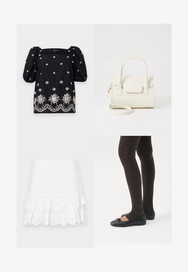 Blusa negra de corte holgado con mangas abullonadas. Presenta bordados florales blancos y un ribete decorativo en la parte inferior. Escote cuadrado.; Falda blanca de algodón con un diseño de volantes en capas y bordado de ojales en el dobladillo. Textura suave, por encima de la rodilla.; Piernas con leggings oscuros acanalados combinados con bailarinas negras que presentan pequeños detalles de lazo sobre un fondo blanco.; Bolso pequeño blanco con doble asa, solapa frontal y correa de hombro desmontable con cierre dorado sobre fondo blanco liso.