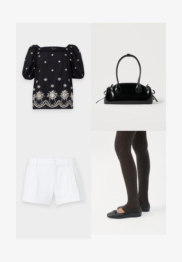 Blusa negra de corte holgado con mangas abullonadas. Presenta bordados florales blancos y un ribete decorativo en la parte inferior. Escote cuadrado.; Bermudas de lino blancas con pliegues, cierre de botón y bolsillos laterales. Presentan un corte ajustado y una textura suave.; Piernas con leggings oscuros acanalados combinados con bailarinas negras que presentan pequeños detalles de lazo sobre un fondo blanco.; Pequeño bolso negro brillante con dos asas largas y detalles de cordón lateral sobre un fondo claro liso.