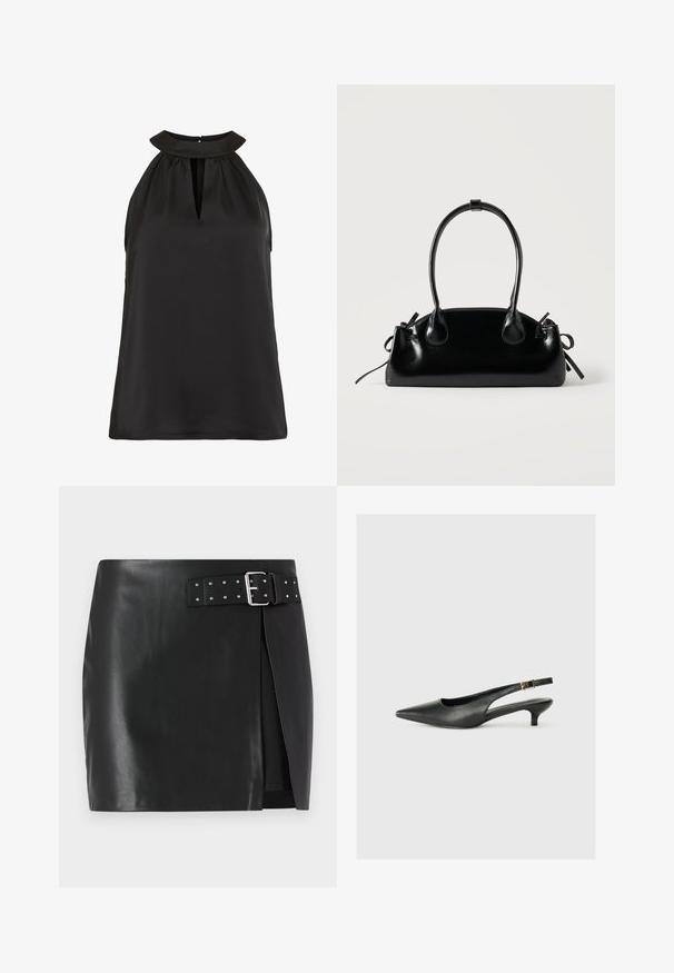 Zwart mouwloos topje met een hoge kraag en een sleutelgatopening, gemaakt van gladde stof, met een ontspannen pasvorm en zonder zichtbare patronen.; Zwarte faux leren mini-jurk met een verstelbare riem met zilveren gesp en studdetails, voorkant met wikkelontwerp en een gladde textuur.; Zwarte puntschoen met slingback van soepel leer. Kenmerkt zich door een dunne hak en een gespdetail op de verstelbare band.; Kleine zwarte glanzende handtas met twee lange hengsels en zijkant trekkoord details op een effen lichte achtergrond.