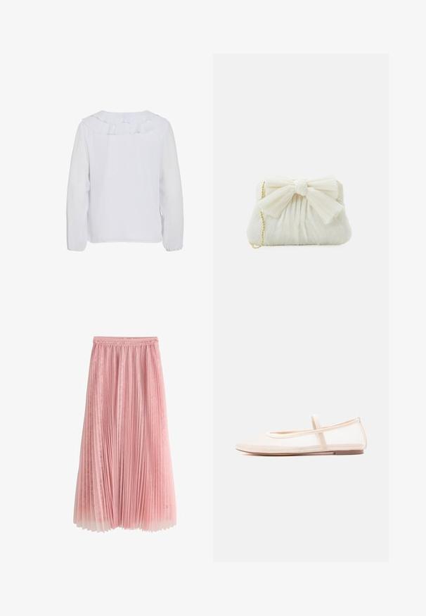 Blusa blanca de manga larga con cuello con volantes, textura lisa y puños elásticos. Diseño simple y limpio, adecuado para diversas ocasiones.; Falda midi plisada rosa con una capa inferior de encaje y cinturilla fruncida, mostrada sobre un fondo blanco.; Bailarinas con una parte superior de malla beige translúcida y una correa de satén, con punta redondeada y suela baja de color marrón. Diseño ligero y flexible.; Bolso de mano plisado blanco con un destacado detalle de lazo y una correa de cadena dorada. Textura suave con un diseño fruncido en la parte frontal.