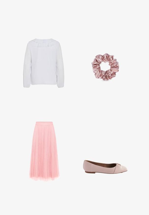 Witte blouse met lange mouwen en een ruches kraag, gladde textuur en elastische manchetten. Eenvoudig, schoon ontwerp dat geschikt is voor verschillende gelegenheden.; zero MIT PLIESSENDEM BECHER - Plooirok - bridal rose; Lichtroze balletflat gemaakt van glad materiaal, met een ronde neus en een klein geknoopt detail op de bovenkant. Platte zool.; Roze satijnen scrunchie met kleine decoratieve kralen en een klein stoffen label op een witte achtergrond.