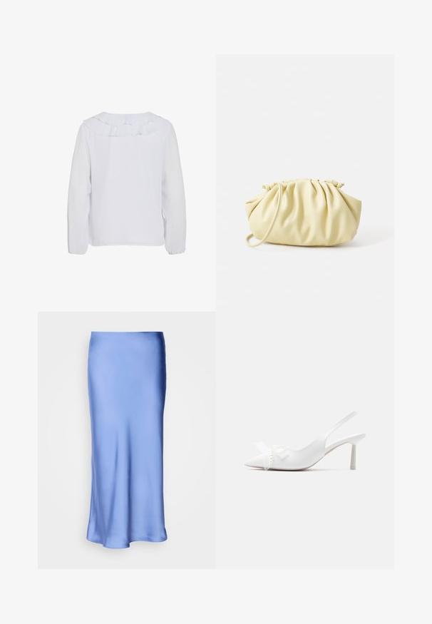 Blouse blanche à manches longues avec un col à volants, texture lisse et poignets élastiqués. Design simple et épuré, adapté à diverses occasions.; Jupe midi en satin bleu avec une finition lisse et brillante. Silhouette évasée, l'ourlet se courbe doucement, mettant en valeur son design fluide.; Escarpin à bout pointu blanc à talon kitten avec bride arrière, orné d'un cœur en perles et d'un détail nœud sur le dessus.; Sac à main plissé jaune en simili cuir lisse, arborant une forme douce avec une bandoulière unique et un design froncé sur le dessus.