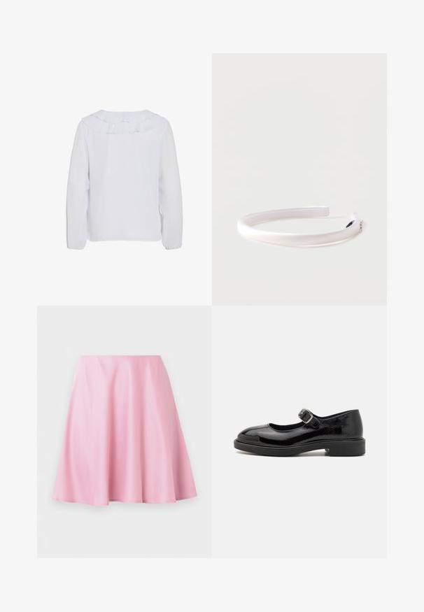 Blusa blanca de manga larga con cuello con volantes, textura lisa y puños elásticos. Diseño simple y limpio, adecuado para diversas ocasiones.; Falda línea A de largo hasta la rodilla en color rosa, con tela suave y ligeras arrugas, exhibida sobre un fondo blanco liso.; Zapato Mary Jane de charol negro con puntera redonda, correa con hebilla ajustable, tacón bajo en bloque y acabado liso y brillante.; Diadema acolchada de satén blanco con pequeños acentos de pedrería en un extremo, sobre un fondo claro y liso.
