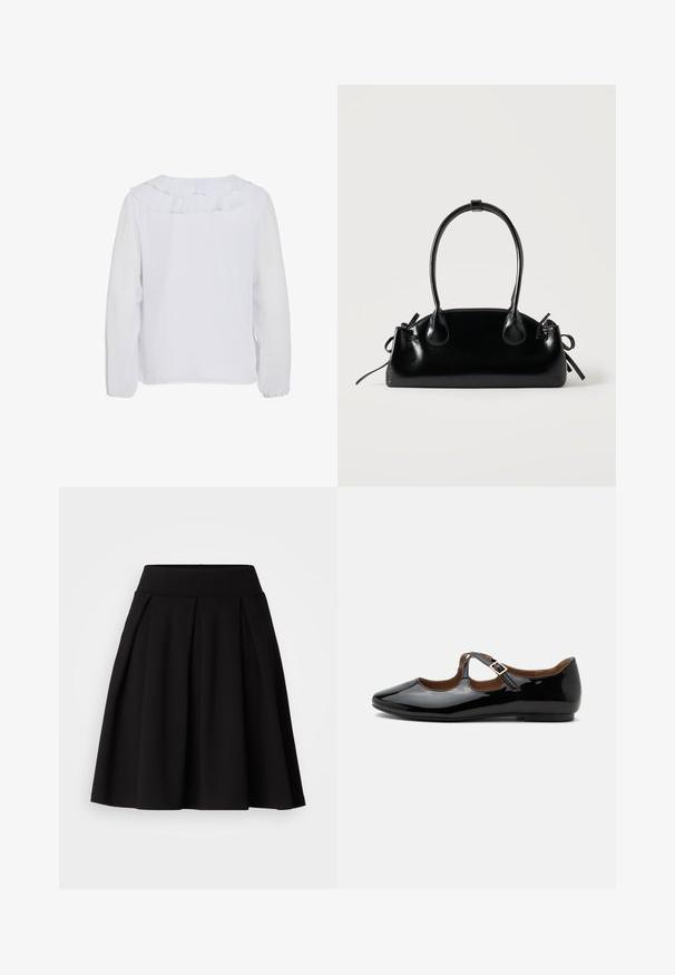 Blusa blanca de manga larga con cuello con volantes, textura lisa y puños elásticos. Diseño simple y limpio, adecuado para diversas ocasiones.; Falda plisada negra confeccionada en tejido suave, con una cintura alta y una forma acampanada en A, adecuada para diversas ocasiones.; Zapato plano Mary Jane de charol negro con dos recortes y una correa con hebilla dorada sobre fondo blanco.; Pequeño bolso negro brillante con dos asas largas y detalles de cordón lateral sobre un fondo claro liso.