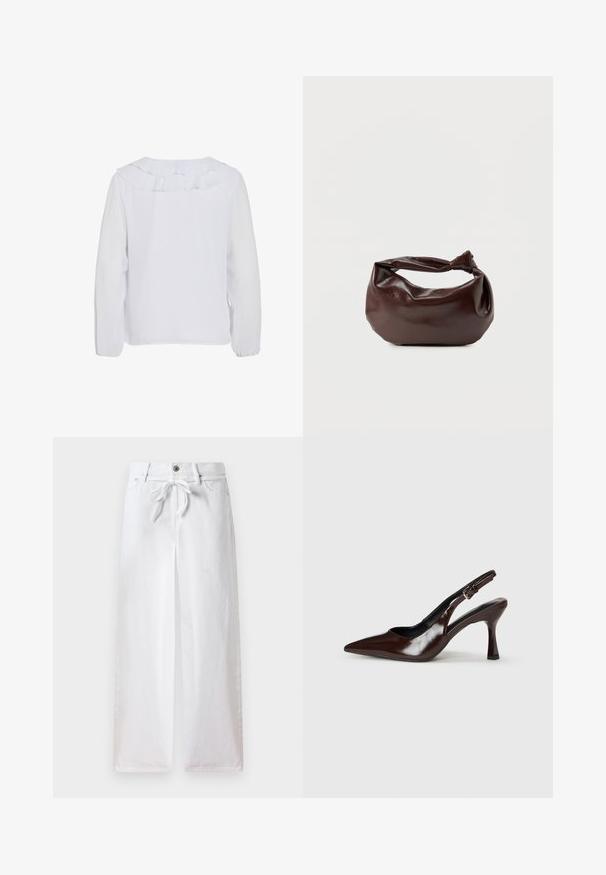 Blusa blanca de manga larga con cuello con volantes, textura lisa y puños elásticos. Diseño simple y limpio, adecuado para diversas ocasiones.; Pantalones anchos de algodón de color blanco. Presentan un lazo ajustable en la cintura y un cierre con botón. Textura suave con un diseño minimalista.; Zapatos de tacón slingback de charol marrón con punta afilada, tacón delgado y correa ajustable con una pequeña hebilla.; Bolso de hombro de cuero marrón oscuro con una forma suave y caída, y un asa con nudo torcido sobre un fondo blanco liso.