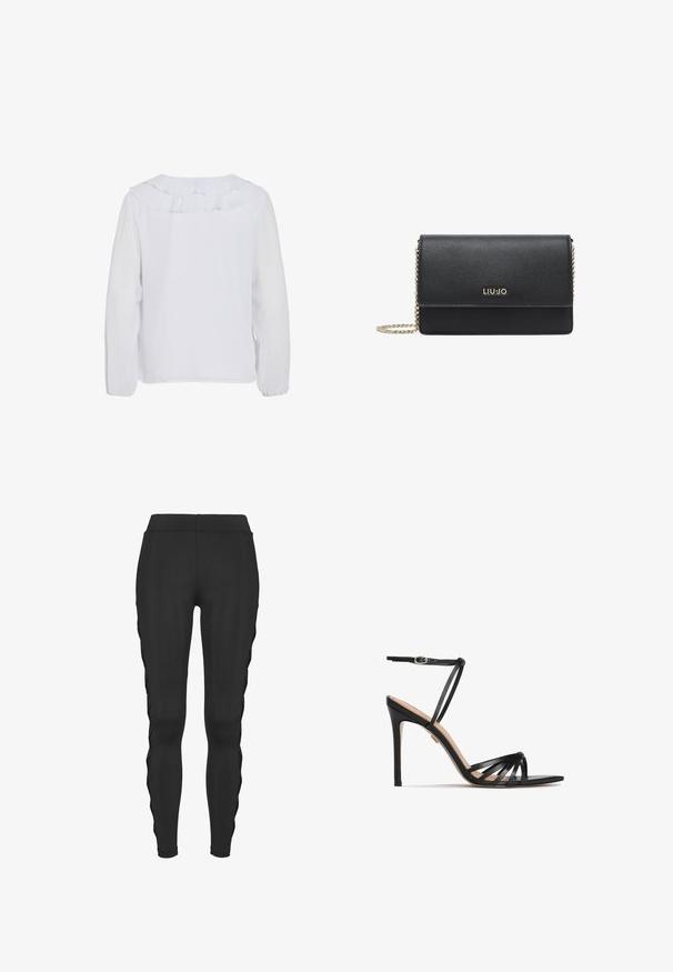 Hvid langærmet bluse med en flæset krave, glat tekstur og elastiske manchetter. Enkel, ren design der egner sig til forskellige anledninger.; Urban Classics LADIES RIBBON MESH LEGGINGS - Leggings - black; Sort læder højhælede sandal med smalle stropper og en enkelt ankelrem. Har spids tå og en struktureret hæl.; Sort tekstureret læder crossbody taske med guldkæde og "LIU JO" logo i guld på frontklap.