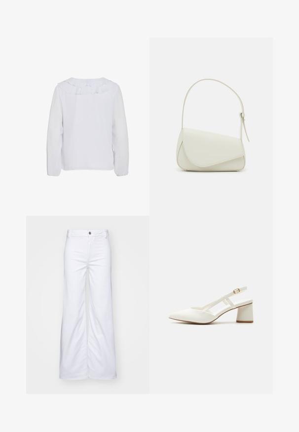 Witte blouse met lange mouwen en een ruches kraag, gladde textuur en elastische manchetten. Eenvoudig, schoon ontwerp dat geschikt is voor verschillende gelegenheden.; Witte wijde denimbroek met een knoopsluiting en riemlussen. Helaas hebben ze een gladde textuur met nette stiksels en geen patronen.; Witte slingback met lage blokhak, puntige neus, dun verstelbaar bandje en gouden gesp op een effen achtergrond.; Witte nepleren handtas met een gestructureerde driehoekige vorm, een enkele verstelbare schouderriem en een klep met ronde accenten.
