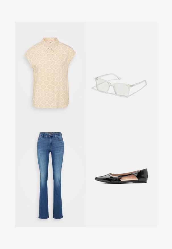Kerge beež särk, millel on kestade muster, lühikesed varrukad, krae ja nööpidega esiosa. Valmistatud pehmest, tekstuuriga kangast.; ONLY Tall ONLWAUW MID WAIST - Liibuvad teksad - medium blue denim; Mustast lakknahast terava varbaga tasapinnaline jalanõu külg-lõike ja välisküljel väikese dekoratiivse paelaga.; Selge plastmassist ruudukujulised prilliraamid koos läbipaistvate läätsedega, millel on kuldsed aktsendid templitel, et lisada detaile.