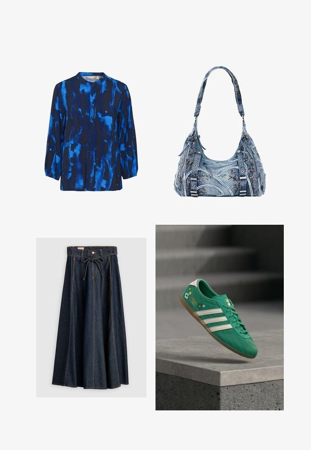 Langærmet bluse i mørkeblå med abstrakte lyseblå mønstre, rund krave og knaplukning, lavet af blødt stof med en glat tekstur.; Levi's® XL SKIRT - Denimnederdele - square circle; Grøn sneaker med hvide tre striber, blomsterdetaljer, struktureret overdel og en pink hælflap. Gummiydersål for greb.; Denimhåndtaske med blomsterbroderi, buet form, robust skulderrem og detaljer i sølvfarvet metal. Har lynlåslommer foran.