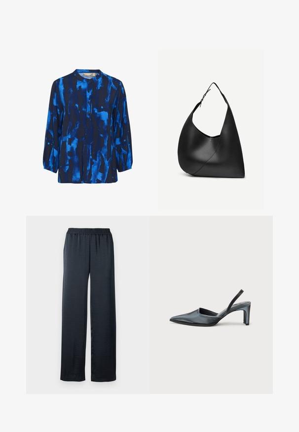 Blusa de manga larga en azul oscuro con patrones abstractos en azul claro, cuello redondo y cierre de botones, hecha de una tela suave con una textura lisa.; Pantalones de pierna ancha negros, fabricados con un tejido suave y ligero. Cuenta con una cinturilla elástica para mayor comodidad y una silueta fluida.; Tacón destalonado negro con punta puntiaguda, acabado de satén elegante y tacón delgado de 3 pulgadas. Diseño lateral abierto con detalle mínimo de costuras.; Bolso de hombro de cuero negro con forma triangular curva, una única correa ajustable y una costura diagonal visible en el frente.